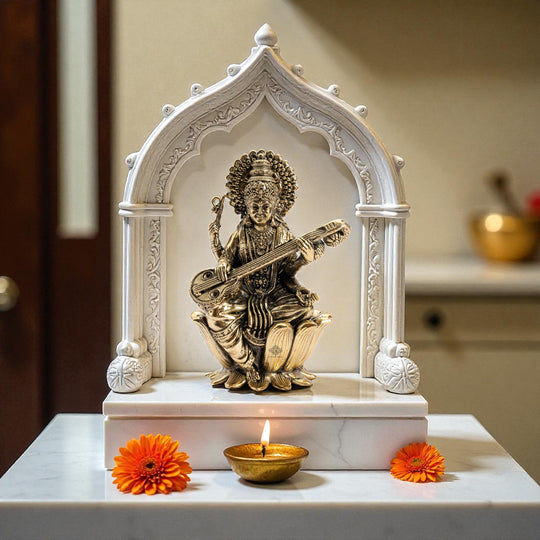 Pure Brass Goddess Saraswati ji Idol- Sitting on Lotus Flower