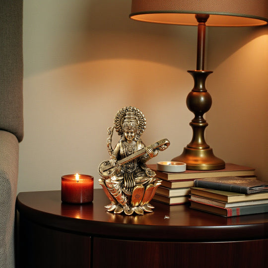 Pure Brass Goddess Saraswati ji Idol- Sitting on Lotus Flower
