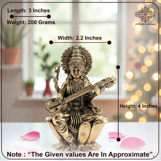 Pure Brass Goddess Saraswati ji Idol- Sitting on Lotus Flower