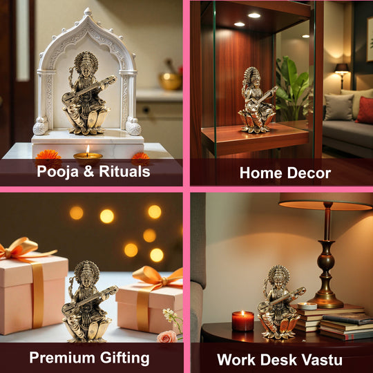 Pure Brass Goddess Saraswati ji Idol- Sitting on Lotus Flower