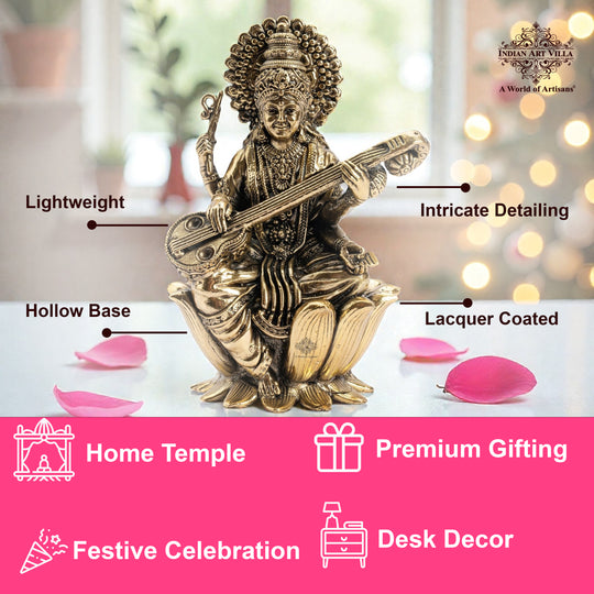 Pure Brass Goddess Saraswati ji Idol- Sitting on Lotus Flower