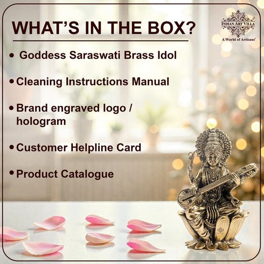 Pure Brass Goddess Saraswati ji Idol- Sitting on Lotus Flower