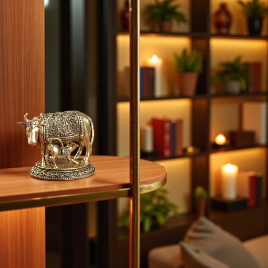 Pure Brass Kamadhenu Cow With Calf  – Symbol of Prosperity &  Blessings