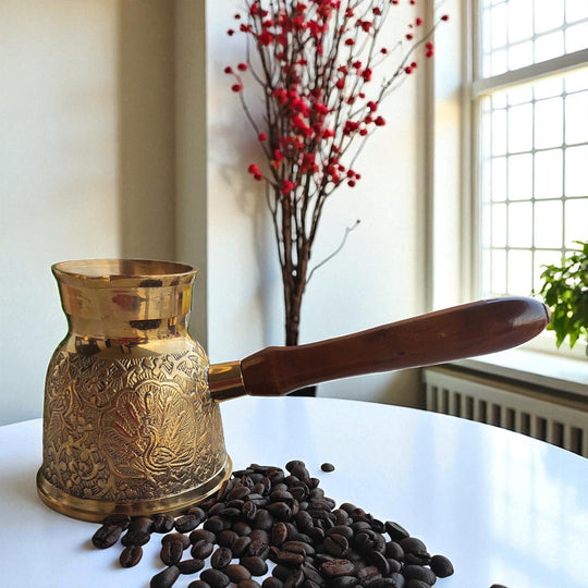 Handmade Pure Brass Turkish Kettle Mug with Wooden Handle, Coffee Tea Mug Pourer, Peacock Design