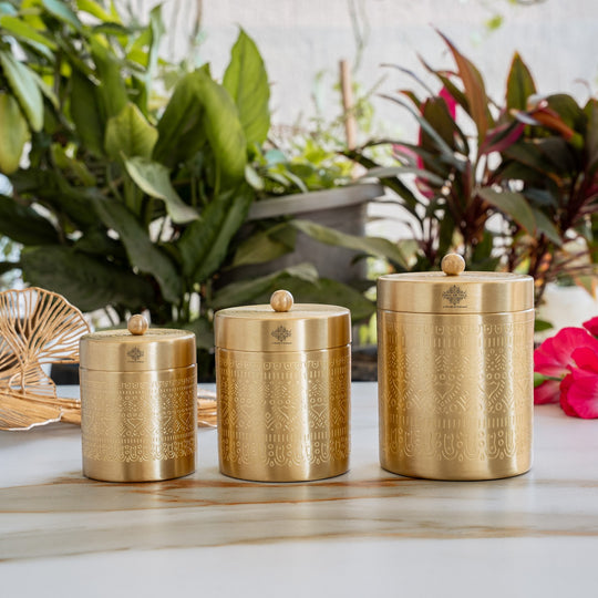 Brass Storage Containers Set of 3 wih Embossed Design, 1000 ML