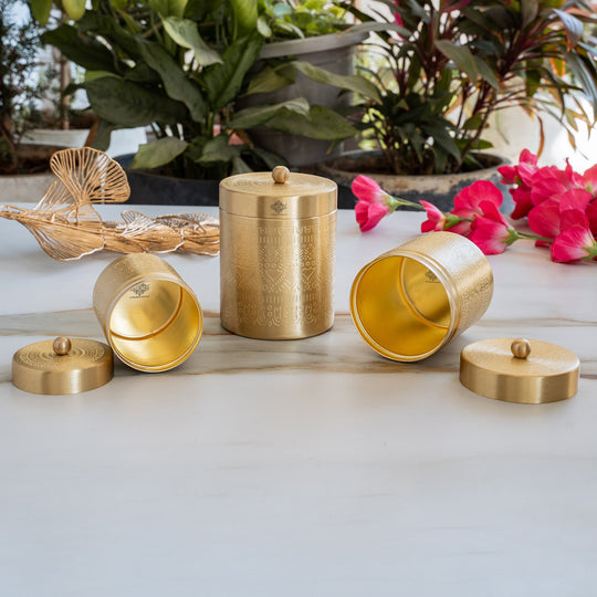 Brass Storage Containers Set of 3 wih Embossed Design, 1000 ML