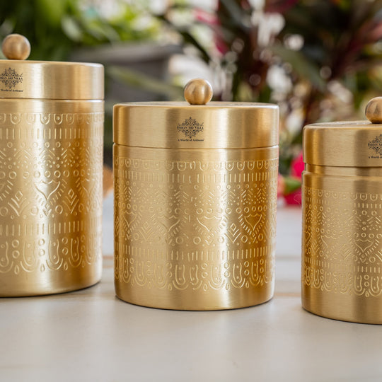 Brass Storage Containers Set of 3 wih Embossed Design, 1000 ML