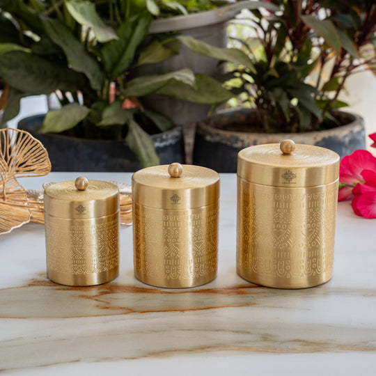 Brass Storage Containers Set of 3 wih Embossed Design, 1000 ML