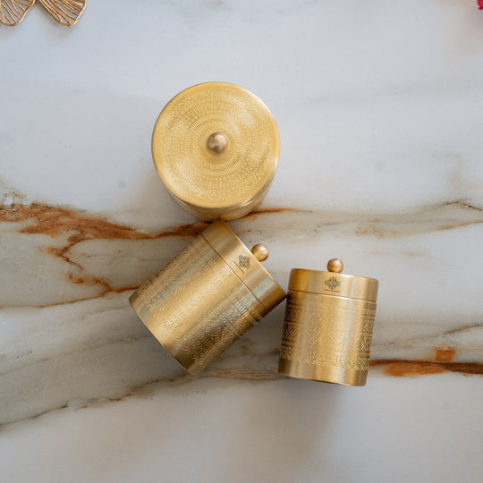 Brass Storage Containers Set of 3 wih Embossed Design, 1000 ML