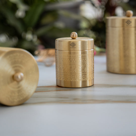 Brass Storage Containers Set of 3 wih Embossed Design, 1000 ML