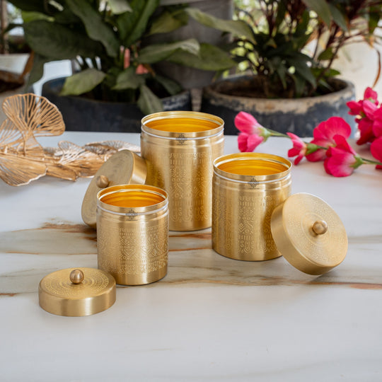 Brass Storage Containers Set of 3 wih Embossed Design, 1000 ML