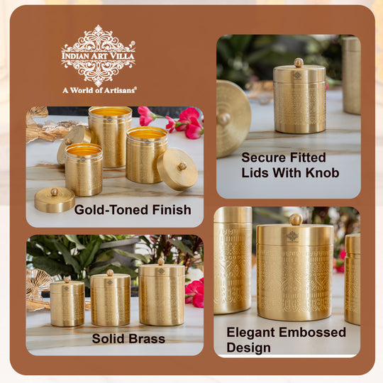 Brass Storage Containers Set of 3 wih Embossed Design, 1000 ML