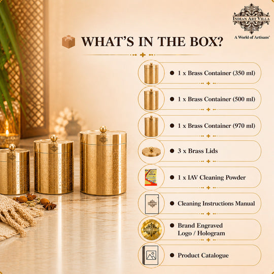 Brass Storage Containers Set of 3 wih Embossed Design, 1000 ML