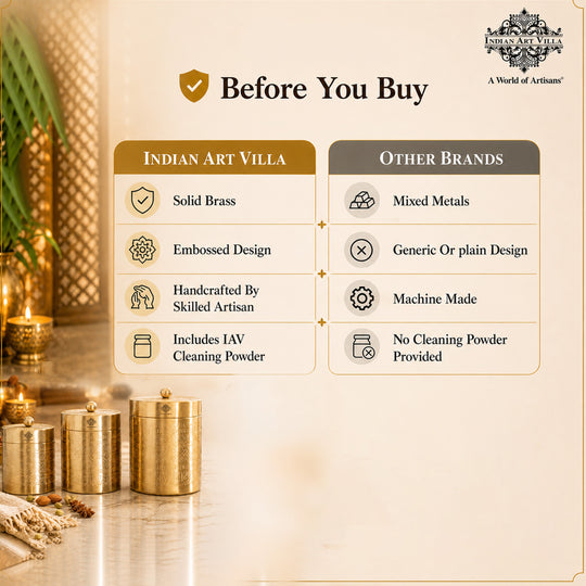 Brass Storage Containers Set of 3 wih Embossed Design, 1000 ML