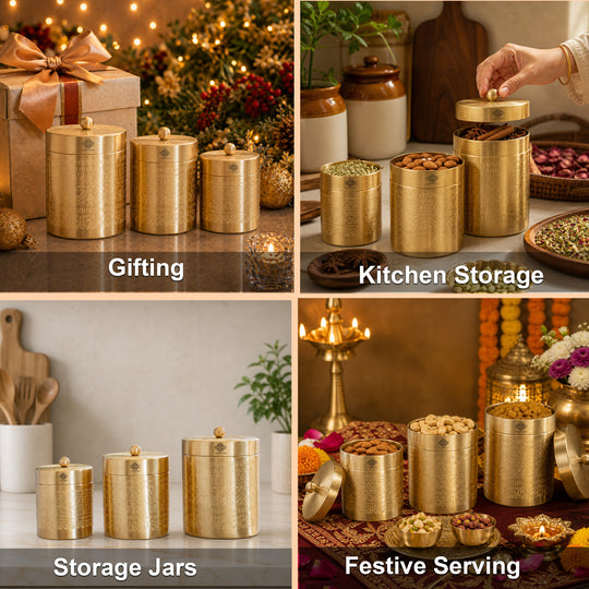 Brass Storage Containers Set of 3 wih Embossed Design, 1000 ML