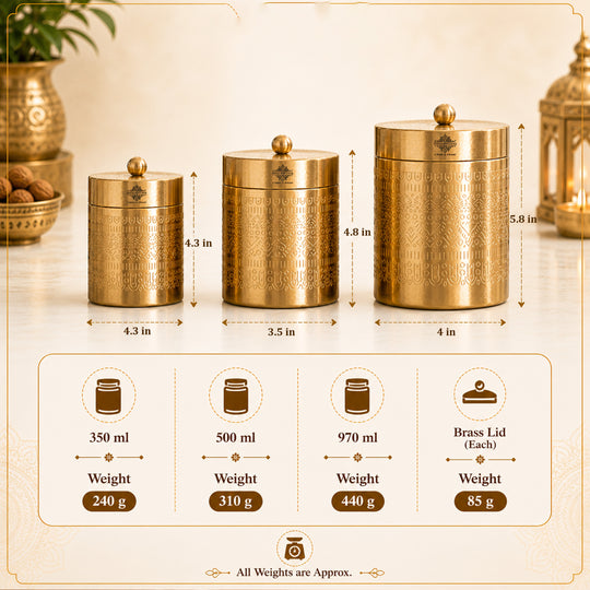 Brass Storage Containers Set of 3 wih Embossed Design, 1000 ML