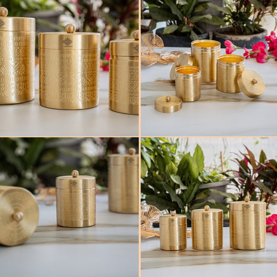 Brass Storage Containers Set of 3 wih Embossed Design, 1000 ML