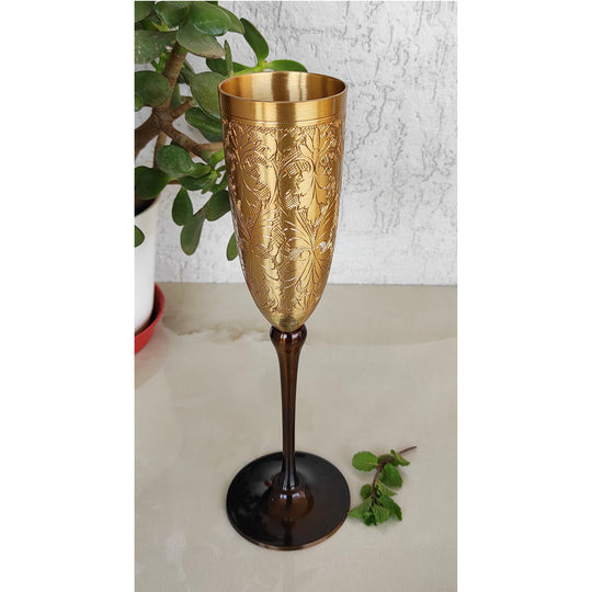 Brass embossed champagne flute glass full view on display — Indian Art Villa