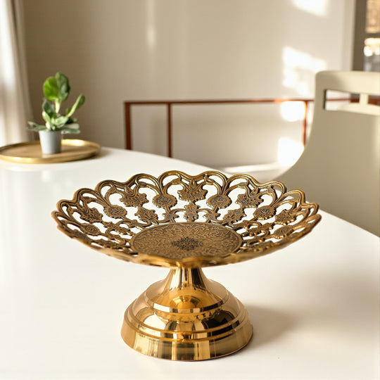 Brass floral Jali fruit basket 22.8 cm front view — Indian Art Villa