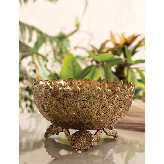 Brass Floral Pedestal Fruit Bowl – 7.9 Inch Gold Finish