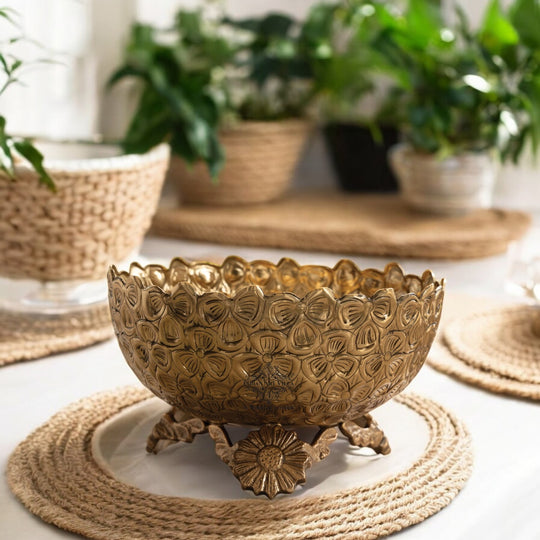 Brass Floral Pedestal Fruit Bowl – 7.9 Inch Gold Finish