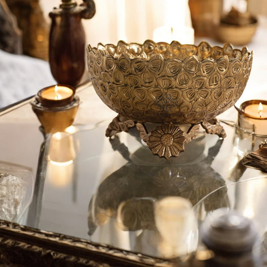 Brass Floral Pedestal Fruit Bowl – 7.9 Inch Gold Finish