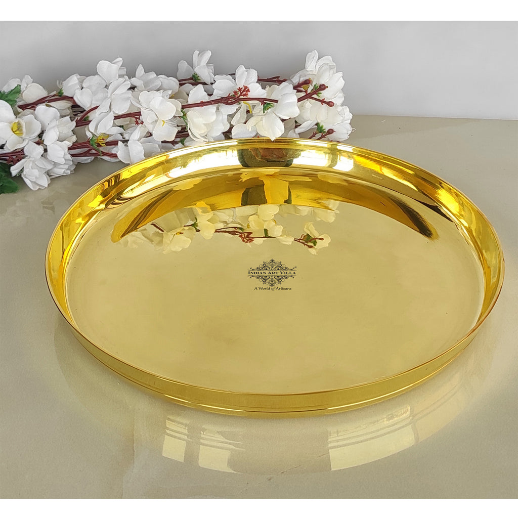 Indian Art Villa Pure Brass Shine Finish Lining Design Thali/Plate,  Diameter-14.5 Inches