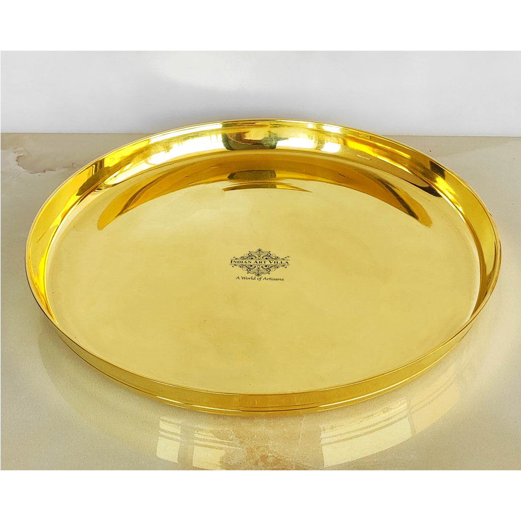 Indian Art Villa Pure Brass Shine Finish Lining Design Thali/Plate  Diameter-14.5 Inches