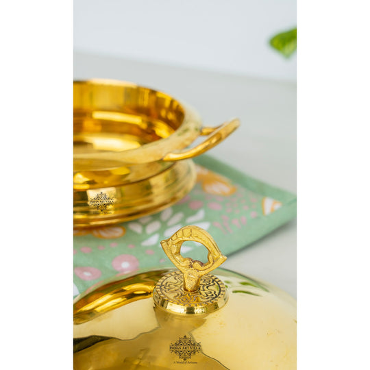 Decorative pure brass handi with glossy finish matching lid and side handles crafted in traditional form by Indian Art Villa