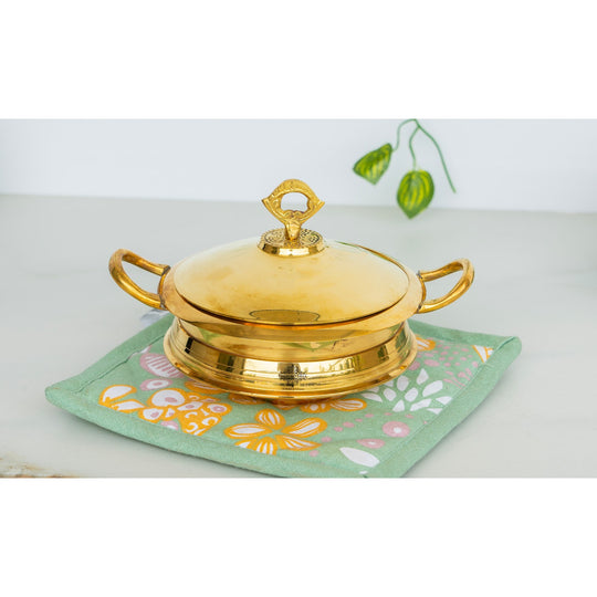 Indian Art Villa pure brass handi with curved brass handles and matching brass lid featuring an ornate top knob