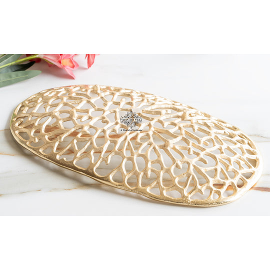 Gold Finish Antique Lacquer Matte Finish Decorative Tray – 47 cm Oval Shape, Cutting Design