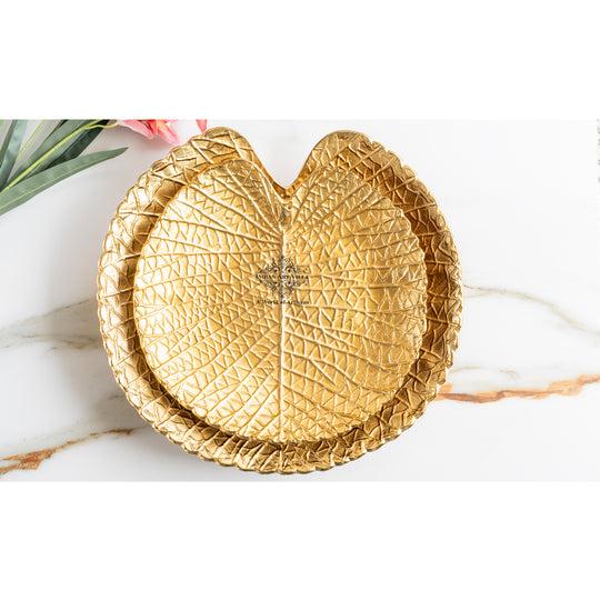 Gold Finish Antique Lacquer Matte Lotus Leaf Design Decorative Platter, Elegant Tableware for Home Decor