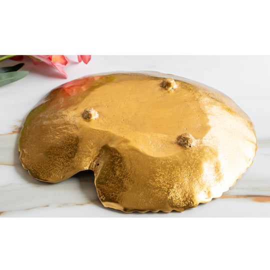 Gold Finish Antique Lacquer Matte Lotus Leaf Design Decorative Platter, Elegant Tableware for Home Decor