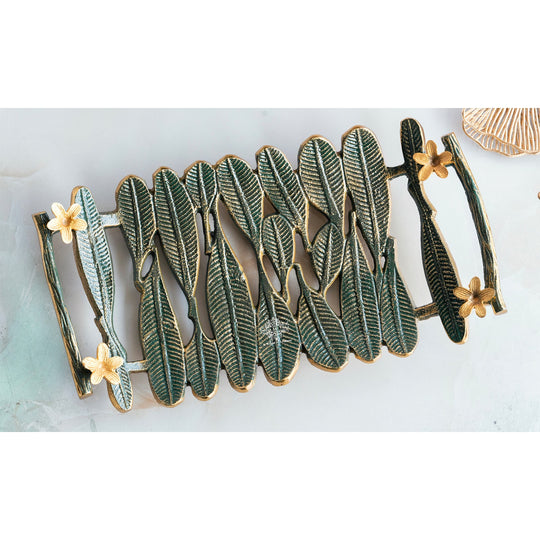 Brass finish banana leaf design decorative serving tray white background — Indian Art Villa