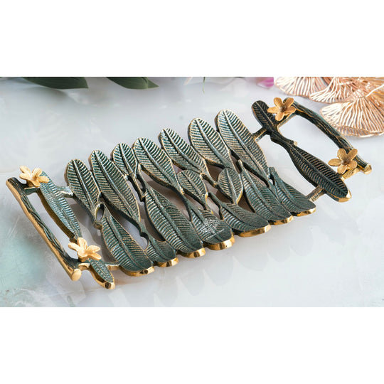 Brass Finish Banana Leaf Design Decorative Tray – Green & Gold Rectangular Serving Tray, Multi-Purpose Organizer for Home, Festive Décor, and Gifting