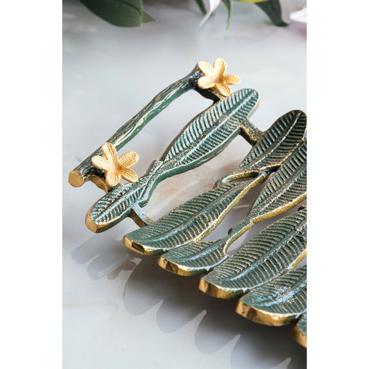 Brass finish banana leaf design decorative serving tray close-up — Indian Art Villa