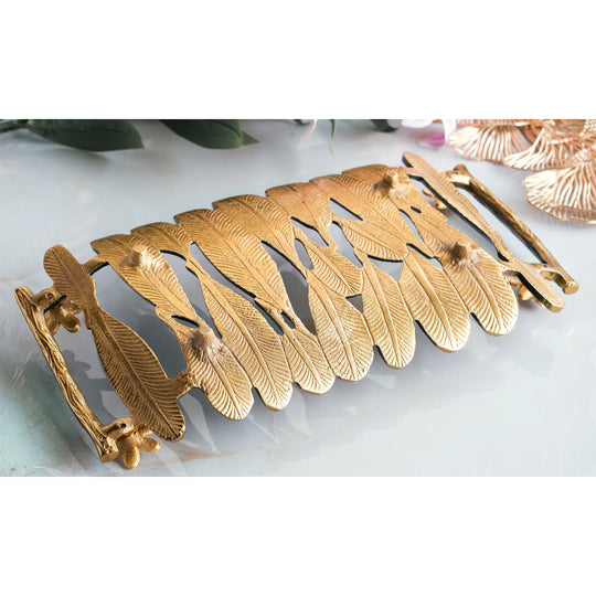 Brass finish banana leaf design decorative serving tray angle view — Indian Art Villa