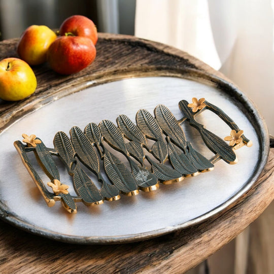 Brass finish banana leaf design decorative serving tray side view — Indian Art Villa