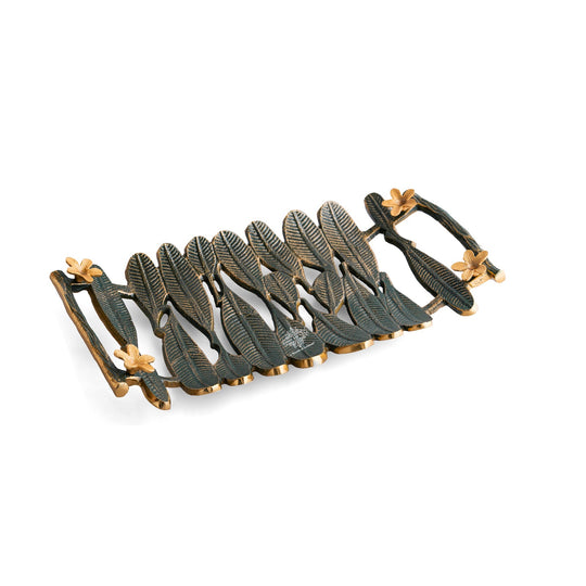 Brass Finish Banana Leaf Design Decorative Tray – Green & Gold Rectangular Serving Tray, Multi-Purpose Organizer for Home, Festive Décor, and Gifting