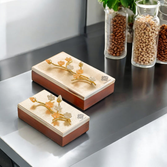 Wooden Decorative Box with Silver-Plated Leaf and Flower Design