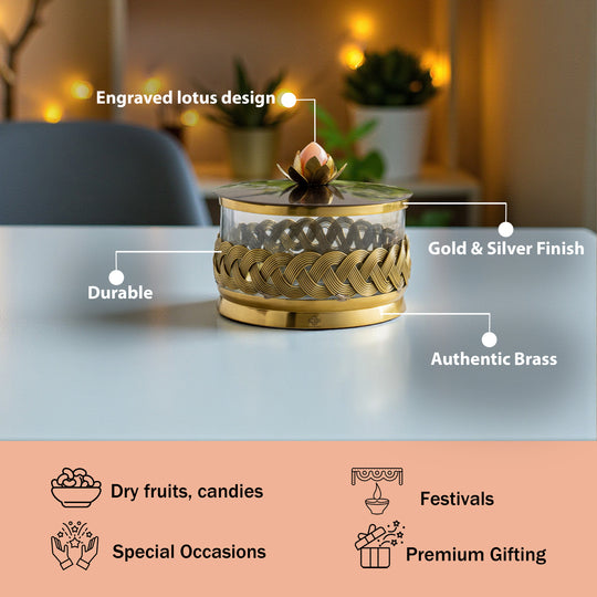 Brass Decorative Multipurpose Bowl with Lid & Lotus Design Knob