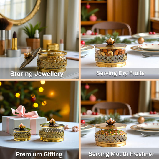 Brass Decorative Multipurpose Bowl with Lid & Lotus Design Knob