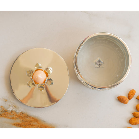 Silver-Plated Dry Fruit Box with Lotus Flower Design Knob – 6 Inches, Decorative Storage Container for Multi-purpose box