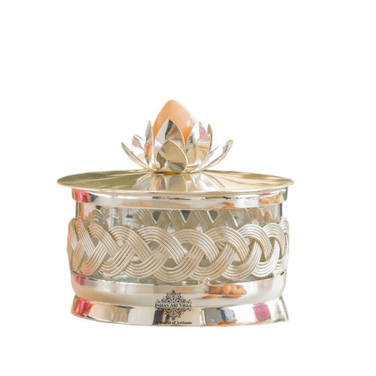 Silver-Plated Dry Fruit Box with Lotus Flower Design Knob – 6 Inches, Decorative Storage Container for Multi-purpose box