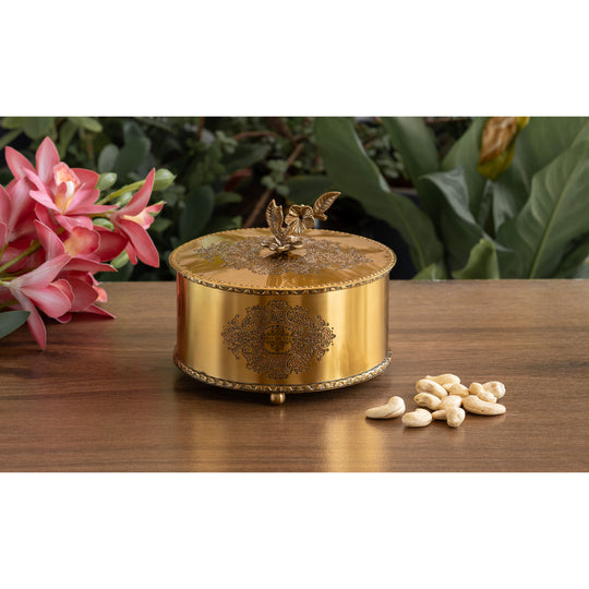 Brass embossed floral design dry fruit box side view — Indian Art Villa