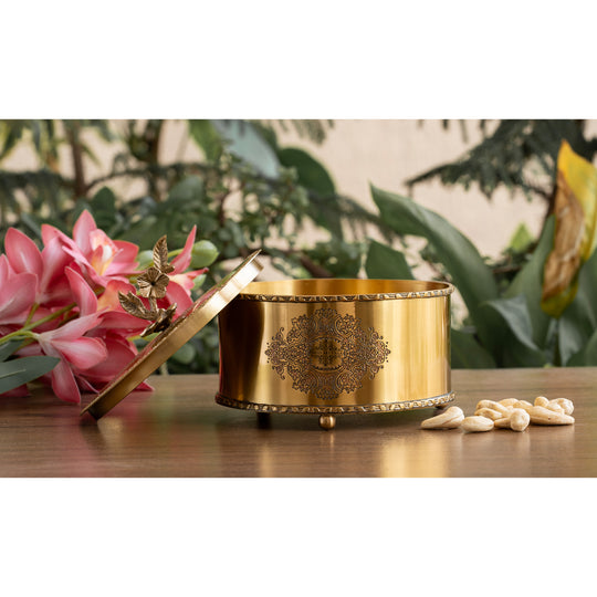 Brass embossed floral design dry fruit box top view — Indian Art Villa