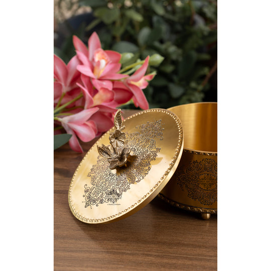 Brass embossed floral design dry fruit box angle view — Indian Art Villa