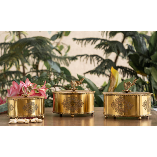 Brass embossed floral design dry fruit box lifestyle — Indian Art Villa