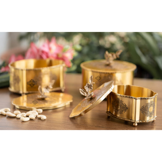 Brass embossed floral design dry fruit box white background — Indian Art Villa