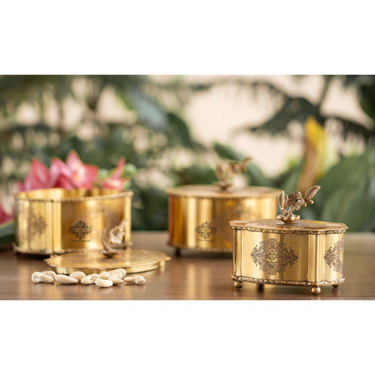 Brass embossed floral design dry fruit box studio view — Indian Art Villa